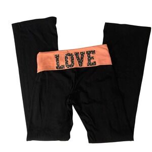 Yoga Pants Black Neon Orange LOVE Size XS Fold Over Low Rise Flare